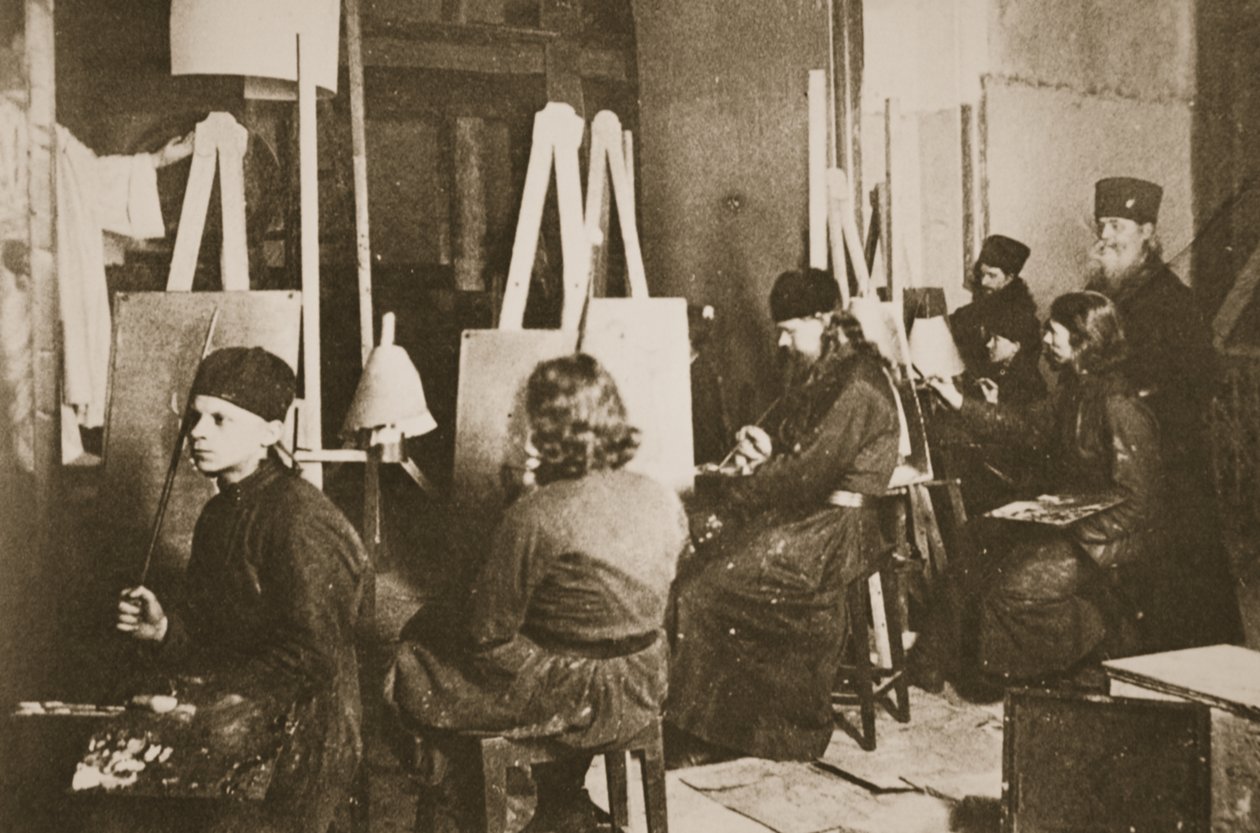 图标绘画在拉多加湖上的Valamo修道院，c.1885（棕褐色照片） 作者 俄罗斯摄影师
