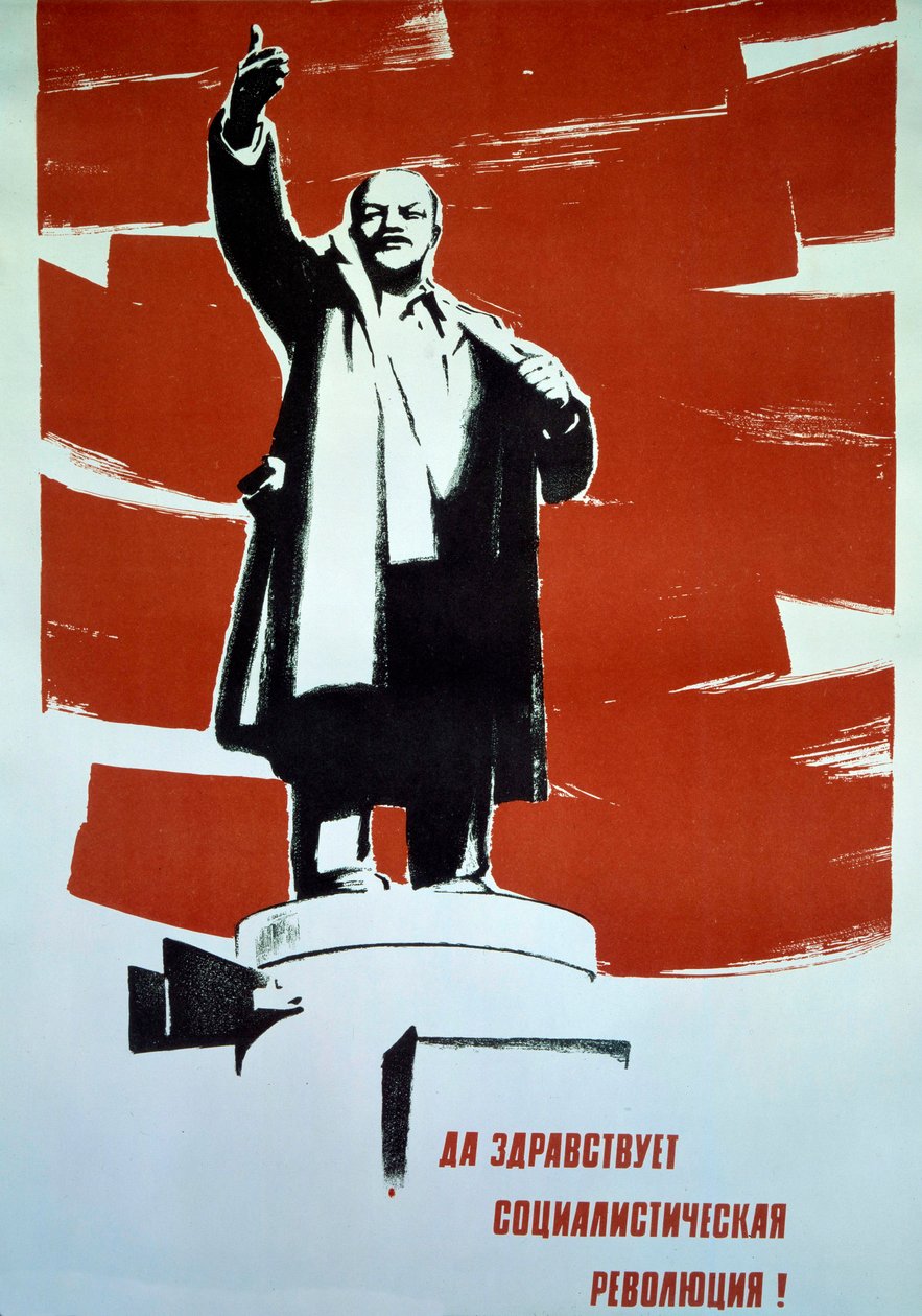描绘被称为列宁的弗拉基米尔-伊里奇-乌里扬诺夫（1870-1924 年）雕像的共产党宣传海报，20 世纪（印刷品） 作者 俄语学校