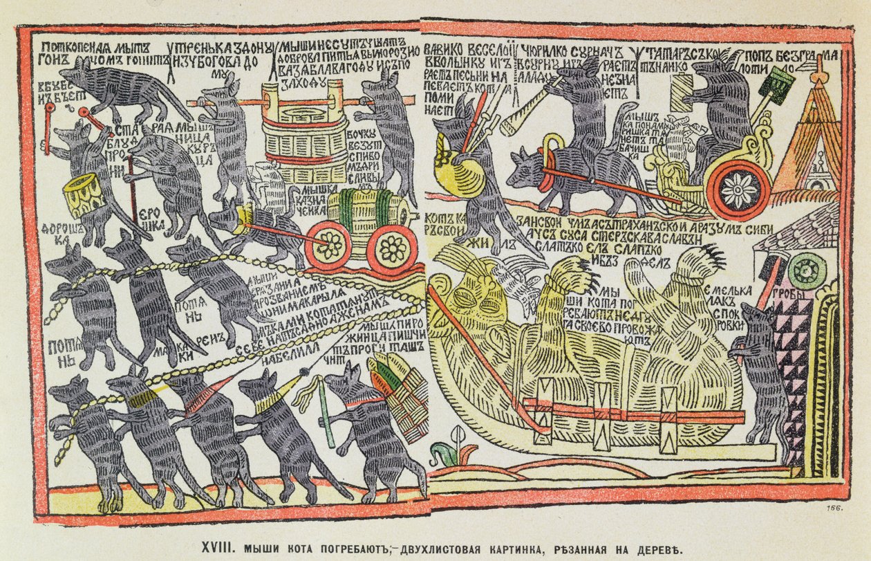 一只死猫的葬礼游行，关于彼得大帝的埋葬的漫画，1860年（流行的彩色木刻） 作者 俄语学校