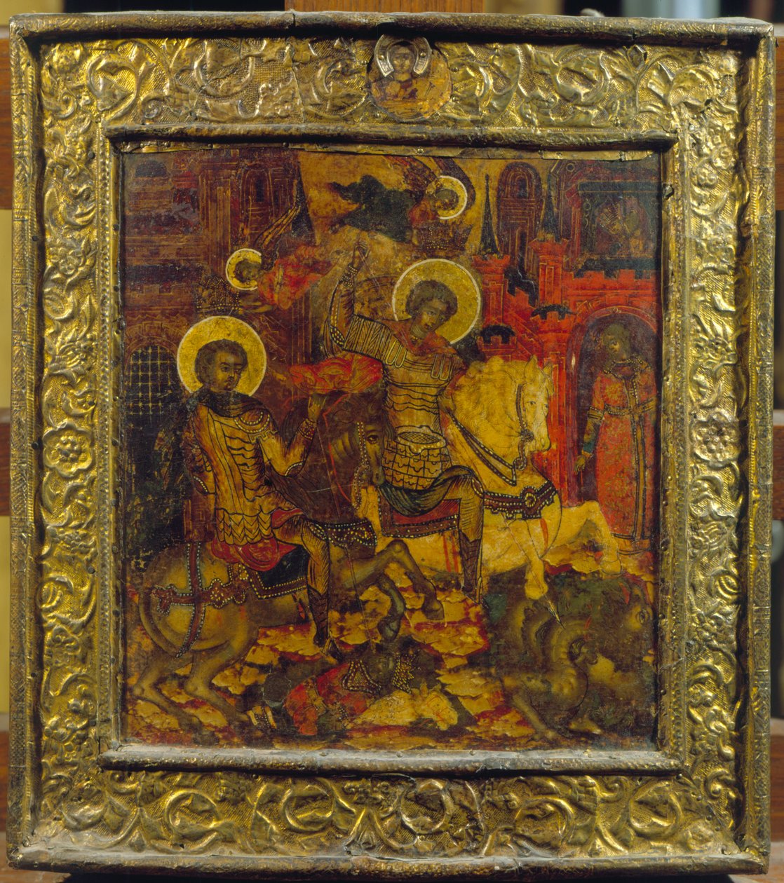 描绘圣乔治和圣德米特里的图标，c.1676（面板上的蛋彩画） 作者 俄语学校