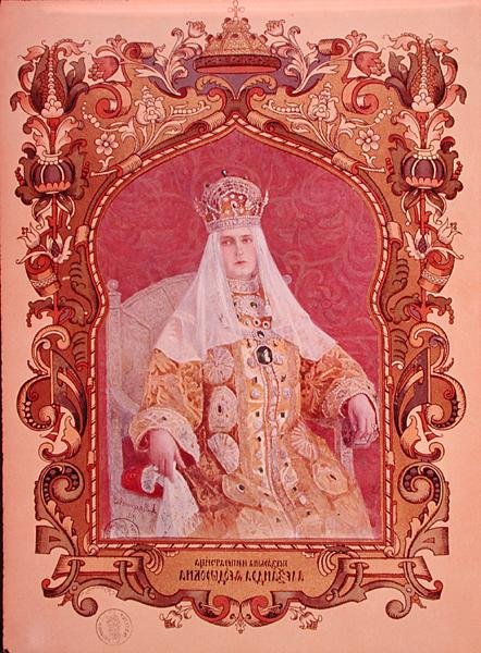 Tsarina Alexandra Feodorovna（1872-1918）穿着传统加冕礼服的肖像，c.1894（另见173581） 作者 俄语学校
