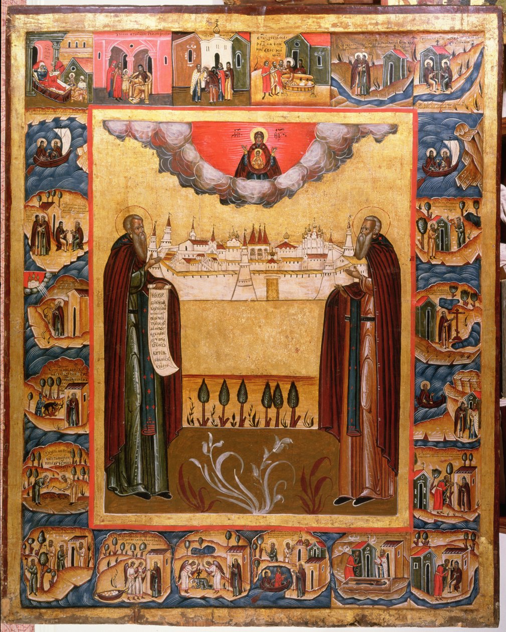 Solovetsk的Saints Zosimus和Sabbatheus带着他们生活中的场景，18世纪（面板上的蛋彩画） 作者 俄语学校
