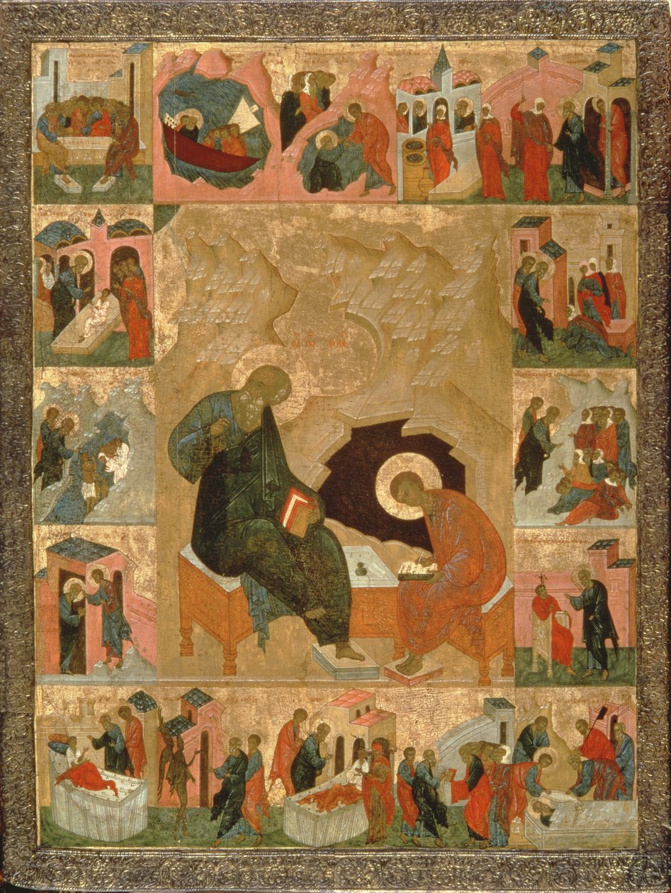 圣约翰福音传教士和他的抄写员，c.1500（木头上的蛋彩画） 作者 俄语学校
