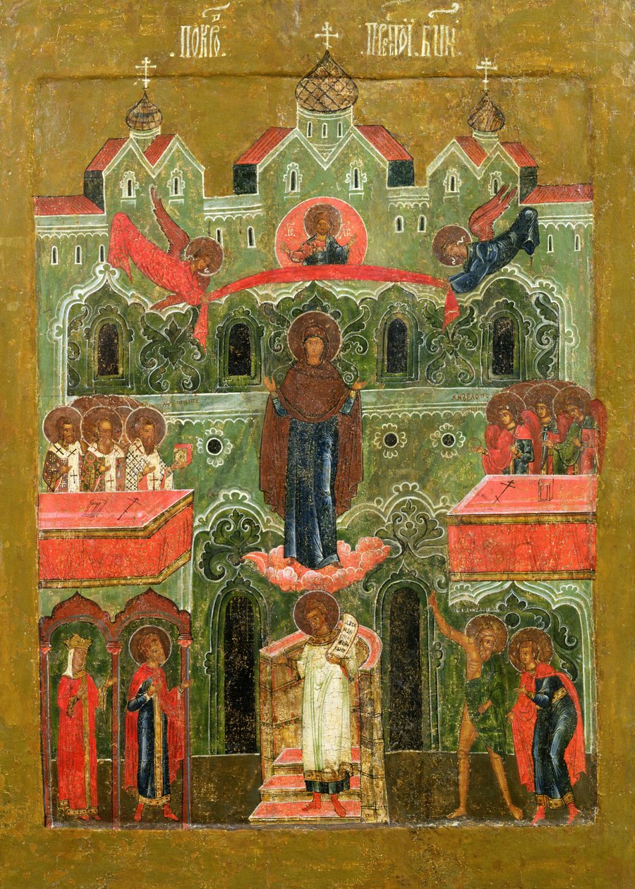 Pokrov（上帝之母的代祷）（面板上的蛋彩画） 作者 俄语学校