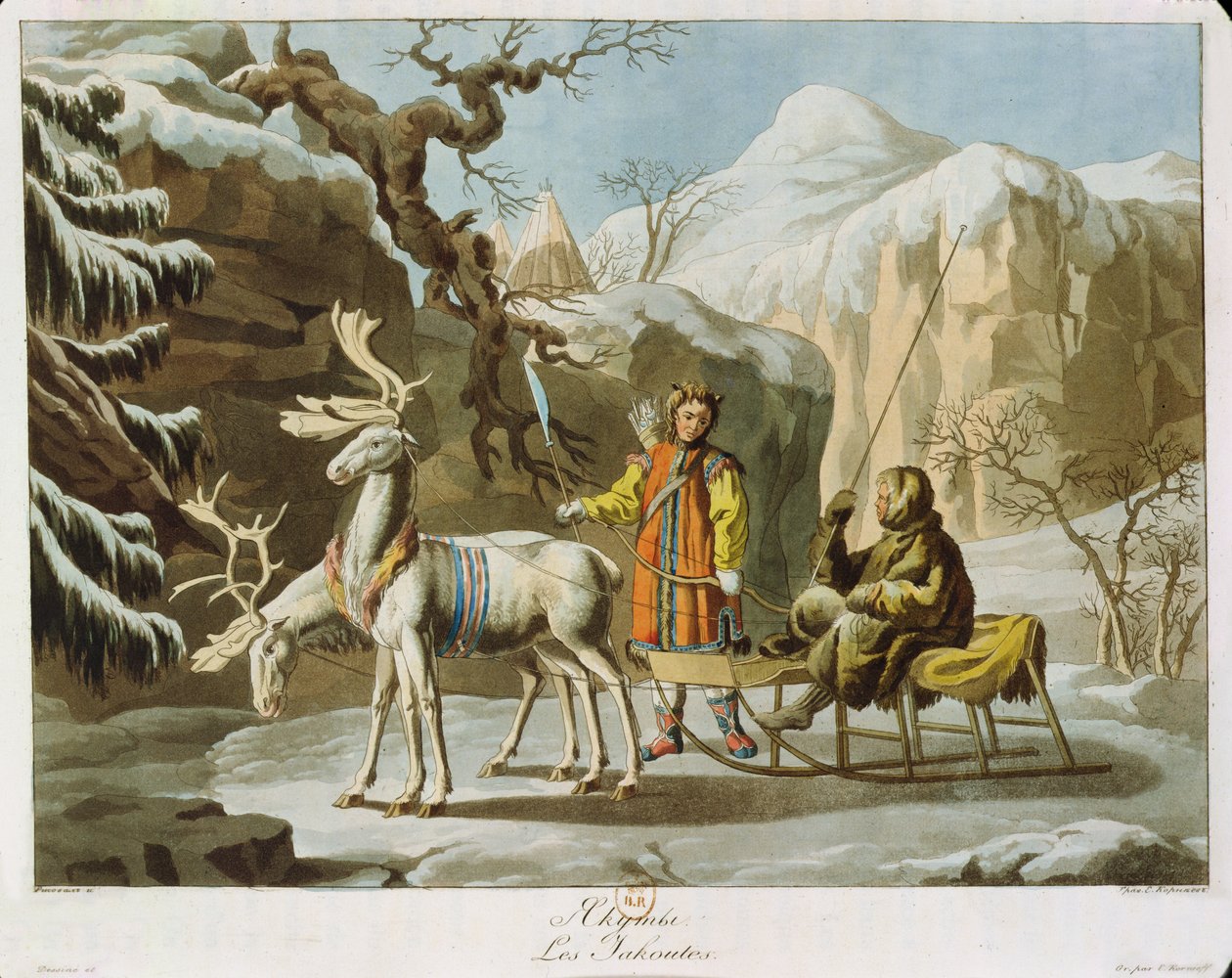 西伯利亚中部的雅库特冬季景观，穿着毛皮和驯鹿雪橇，1813年出版（aquatint） 作者 俄语学校