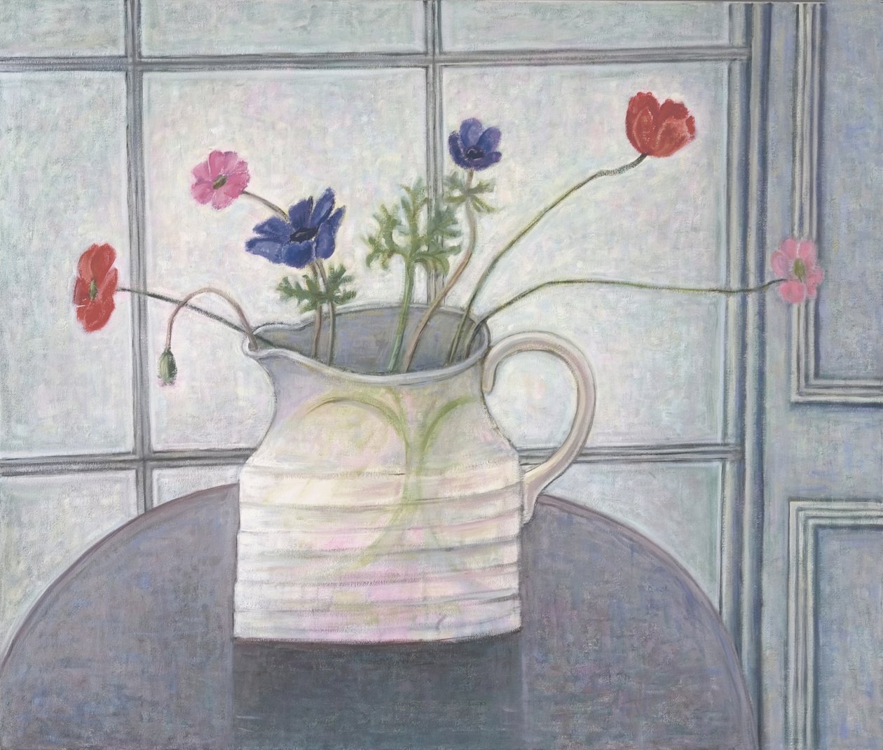 海葵和罂粟花，2008年水罐;花卉;静物; inetrior;窗口;表;白色水罐; 作者 露丝·艾迪纳尔