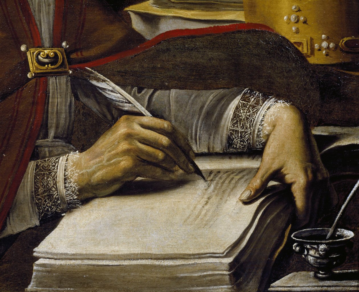 手，用鹅毛笔书写，圣安布鲁斯的细节，鲁蒂利奥·马内蒂（Rutilio Manetti，1571-1639）创作，布面油画，67x89 厘米 作者 罗蒂里奥·曼内蒂（Rutilio Manetti）