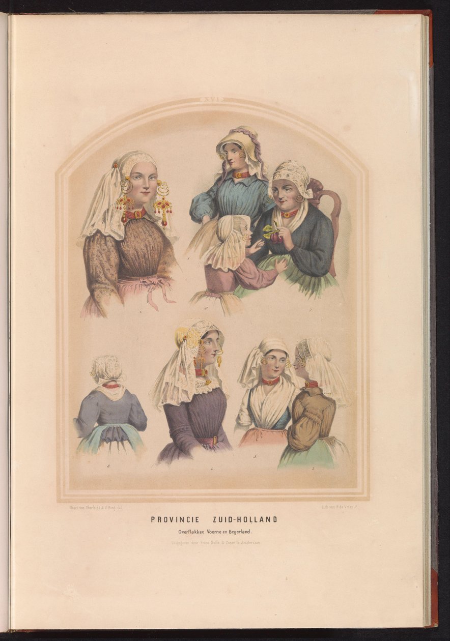 南荷兰省 Overflakkee、Voorne 和 Oud-Beijerland 的服饰，1857 年
南荷兰省 Overflakkee Voorne 和 Beijerland / XVI（标题在实物上） 作者 鲁尔特·德弗里斯