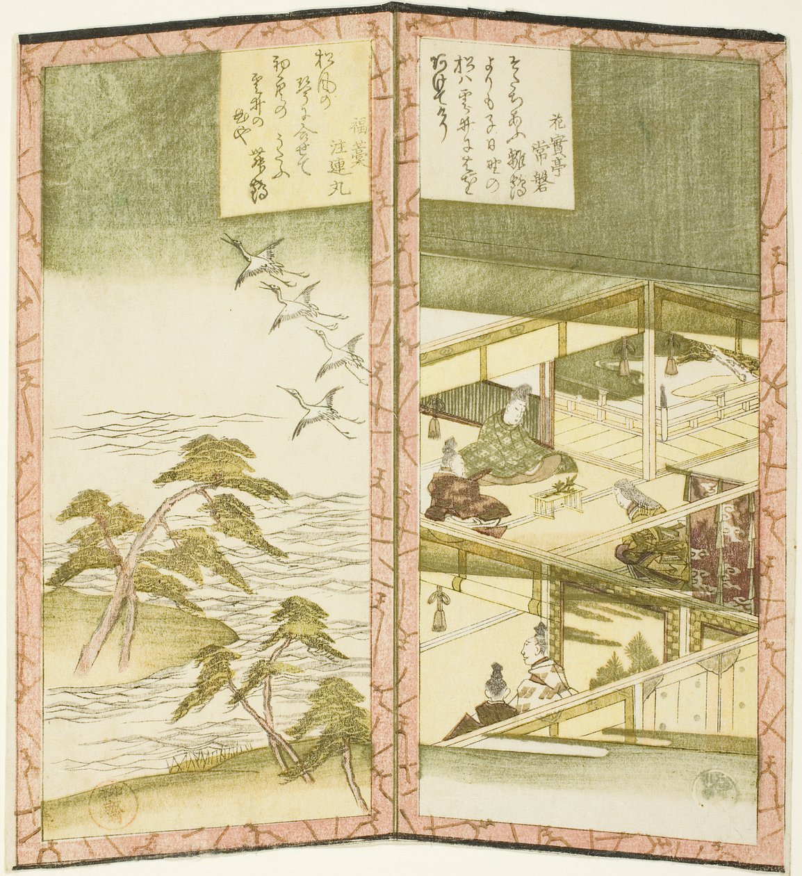 宫殿内部和海滩，选自一幅描绘一对折叠屏风的无题六联画 作者 龙宫京心斋