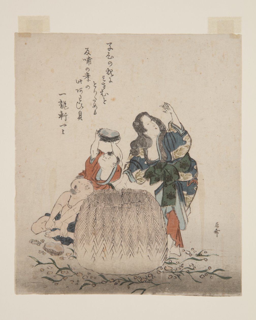 妇女和儿童将鲍鱼收集到篮子里（彩色木版画） 作者 龙宫京心斋