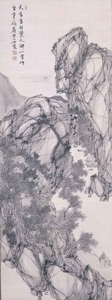 书生月下山水（绢本水墨） 作者 安田罗赞