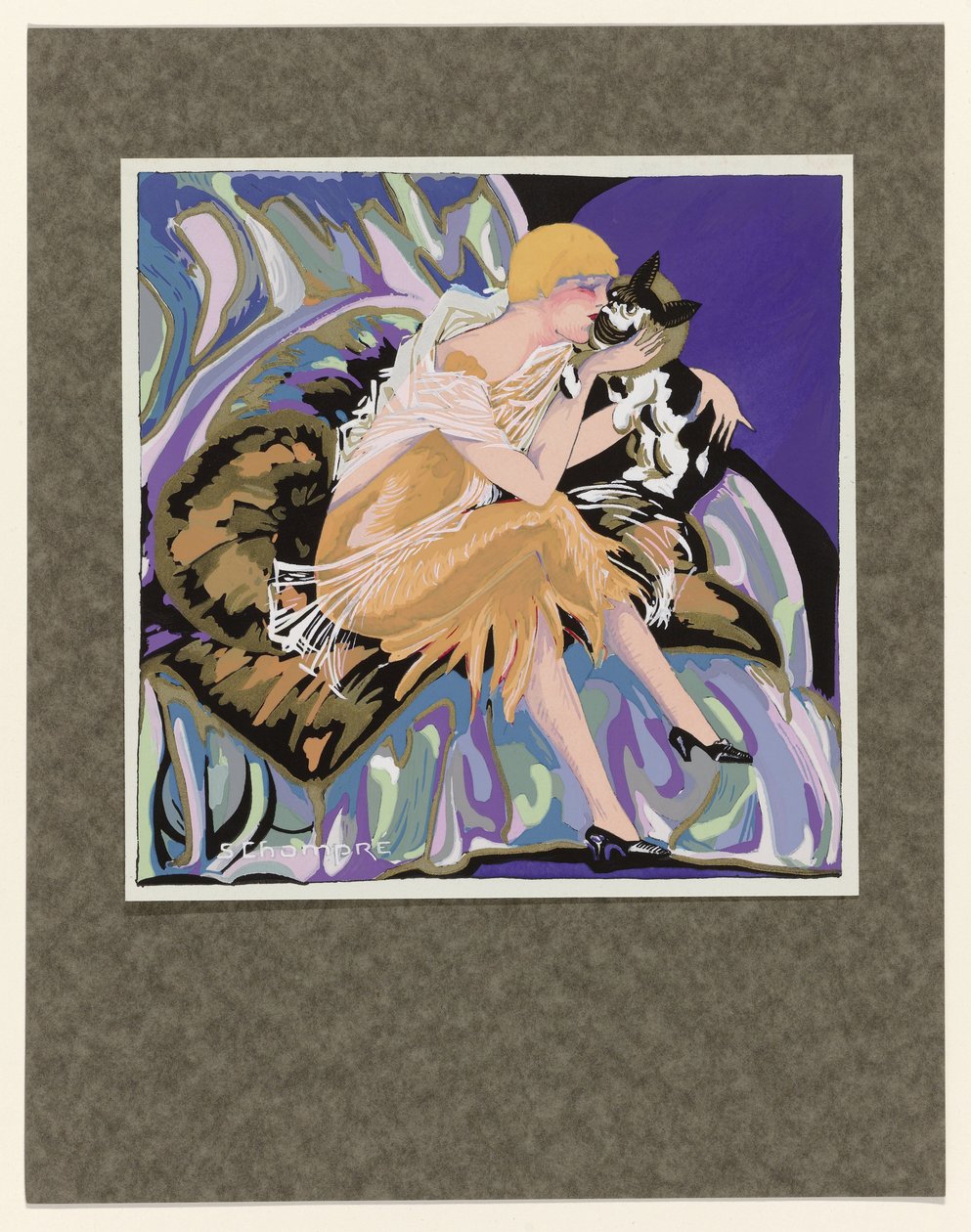 现代女性》，1926 年：坐着的女人与一只猫 作者 S Chompré