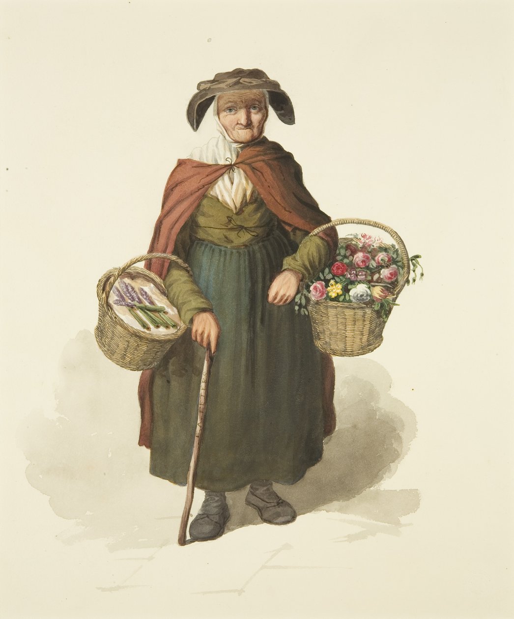 Old Kingswood Flower Seller，约 1828 年（纸本铅笔和水彩） 作者 S.或DA Peters