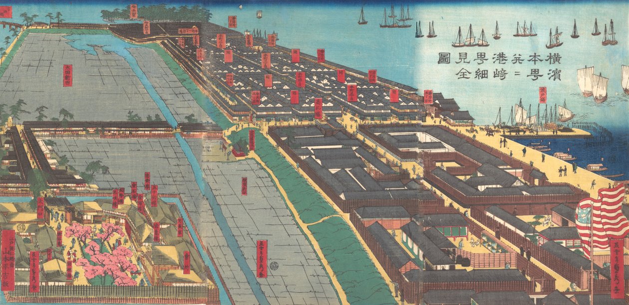 横滨本町和Miyozaki Pleasure Quarter的详细印刷品，第四个月。1860. 作者 歌川贞秀