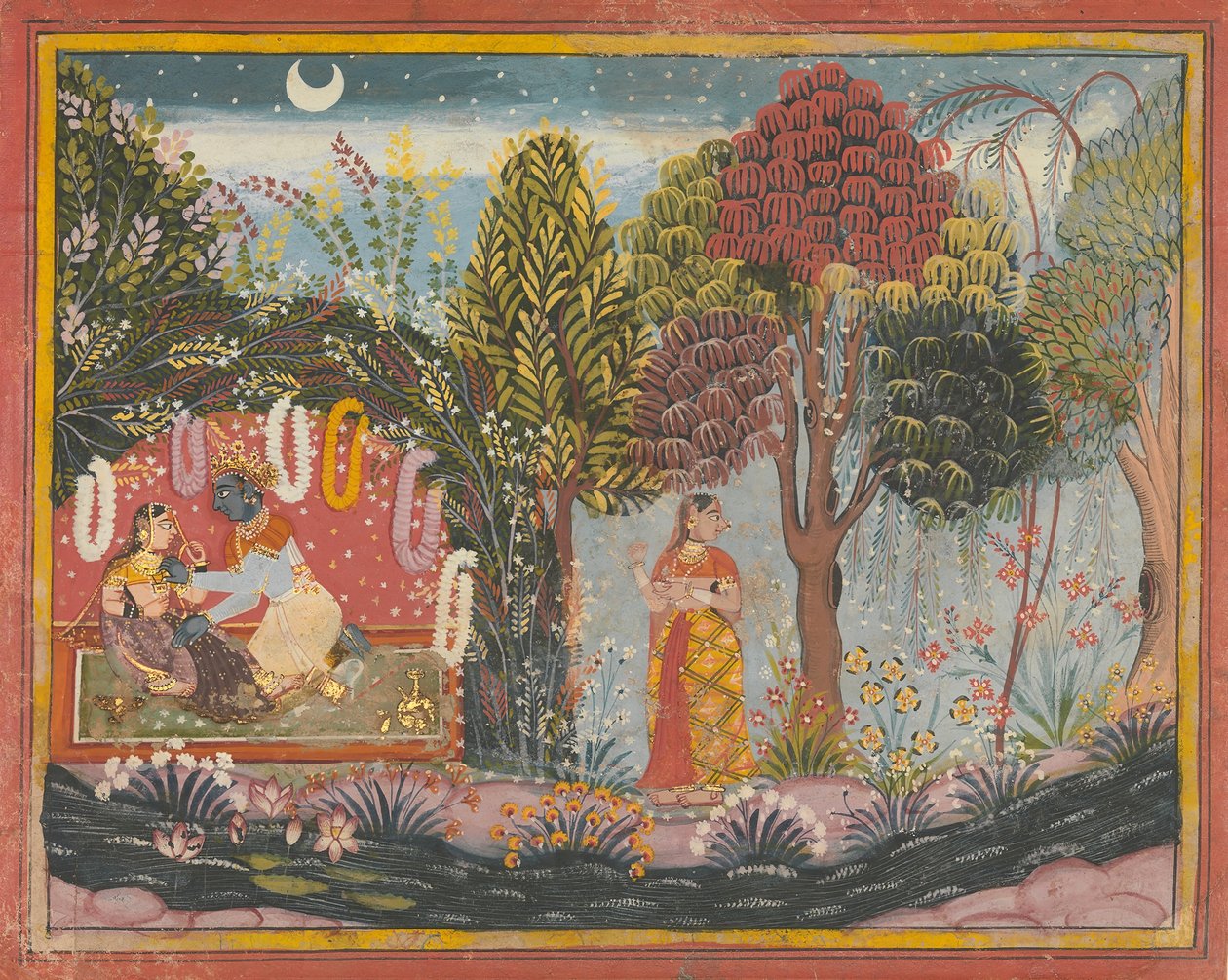 花棚里的克里希纳和拉德哈：来自分散的Gita Govinda的页面，约1665年。 作者 沙希丁