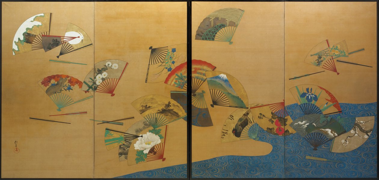 扇与溪，江户时代，约 1820-28 年（绢本水墨、彩色、金银色） 作者 酒井保一