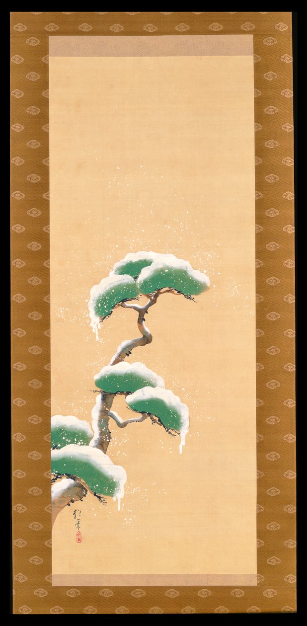 悬挂的卷轴描绘了一个雪花松，来自三季的三联，日本，19世纪初 作者 酒井保一