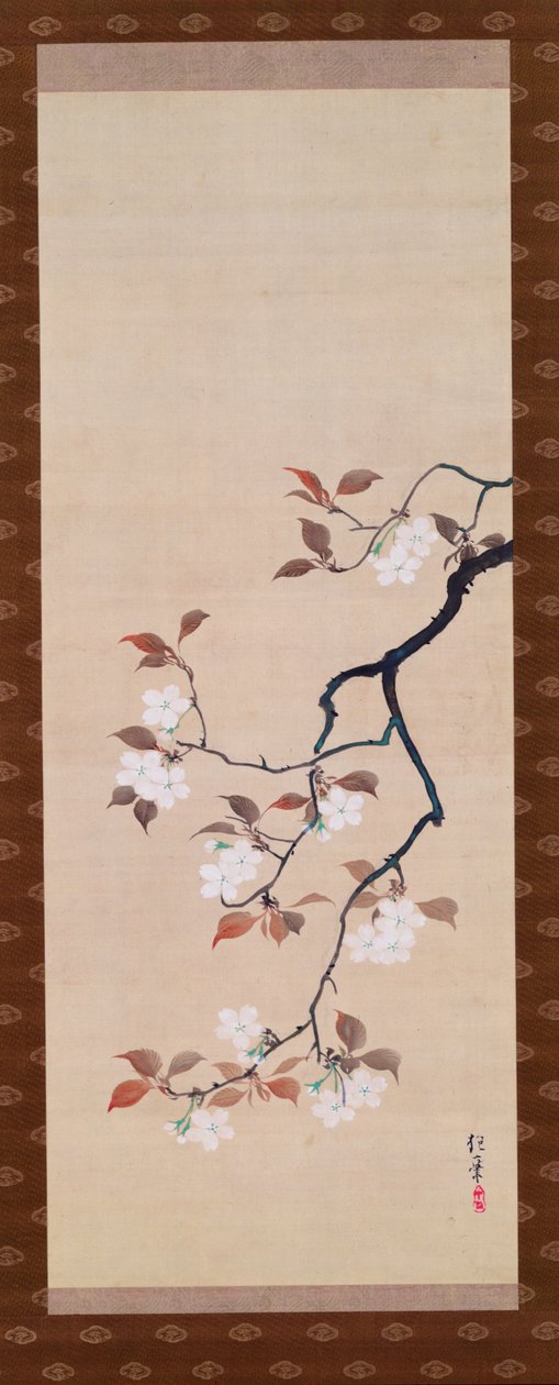 悬挂的卷轴描绘樱花，来自三季的三联，日本，19世纪初 作者 酒井保一