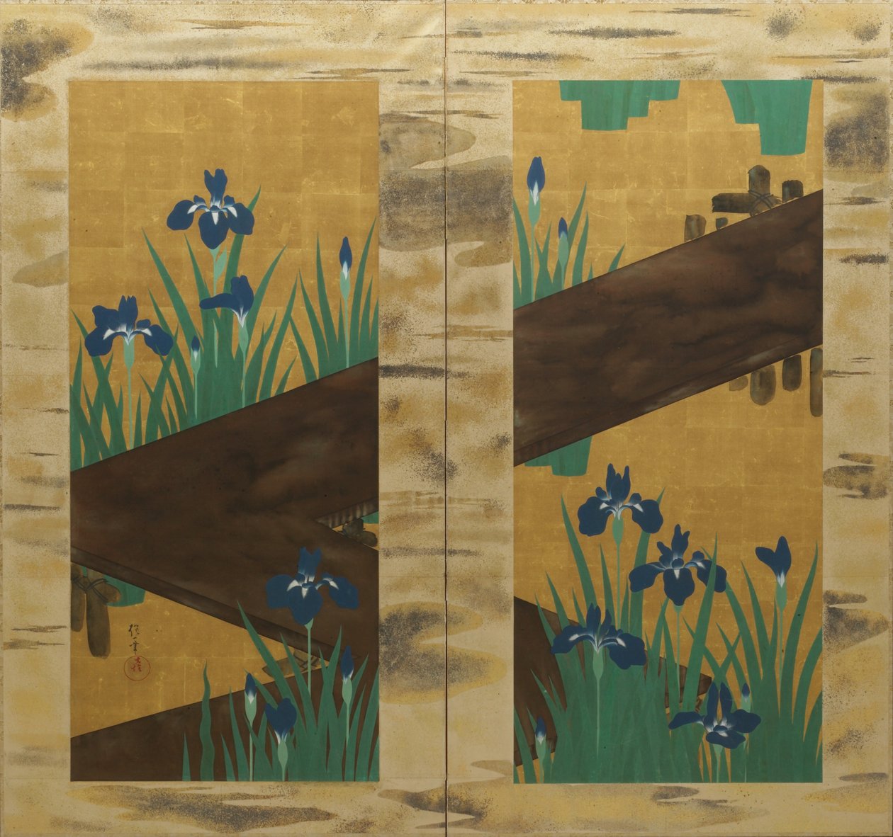 鸢尾花和八折桥，双扇折叠屏风，约 1820 年（绢本水墨、彩色和金箔） 作者 酒井保一
