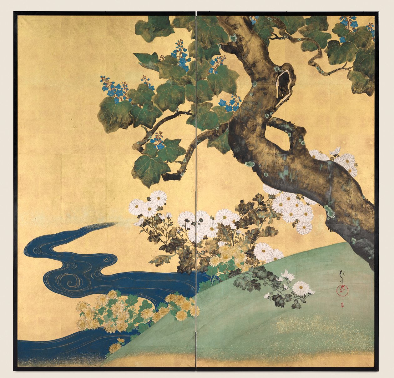 泡桐和菊花，两重屏风，1700年代末-1800年代初（烫金纸上的墨水和颜色） 作者 酒井保一