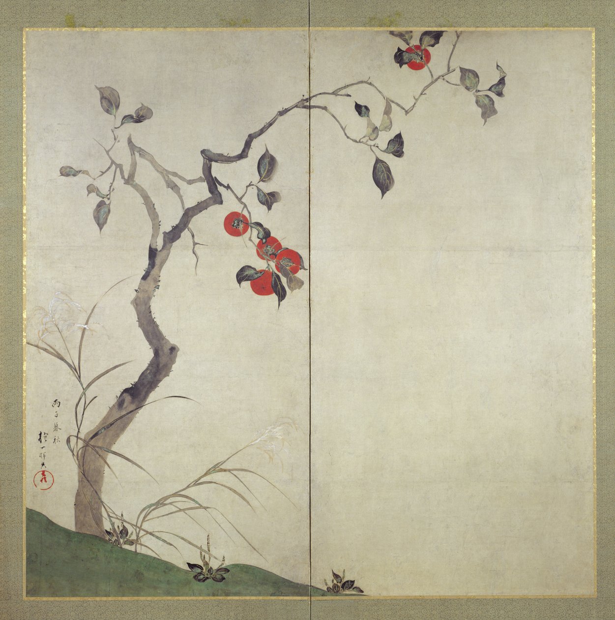 树上的柿子（墨水，颜色和纸上的黄金） 作者 酒井保一