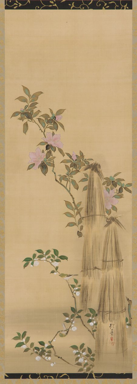 粉红色和白色的花朵和草编覆盖物，江户时期，1761-1828。 作者 酒井保一
