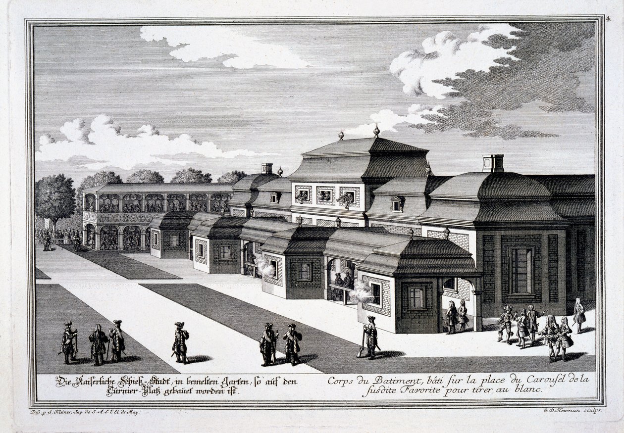 在维也纳王子宫殿的Place du Carousel建造的射击场，来自“除了Residenz-Stadt Wien之外的以下Lustgarten的介绍”，出版于1724-37 作者 所罗门小人