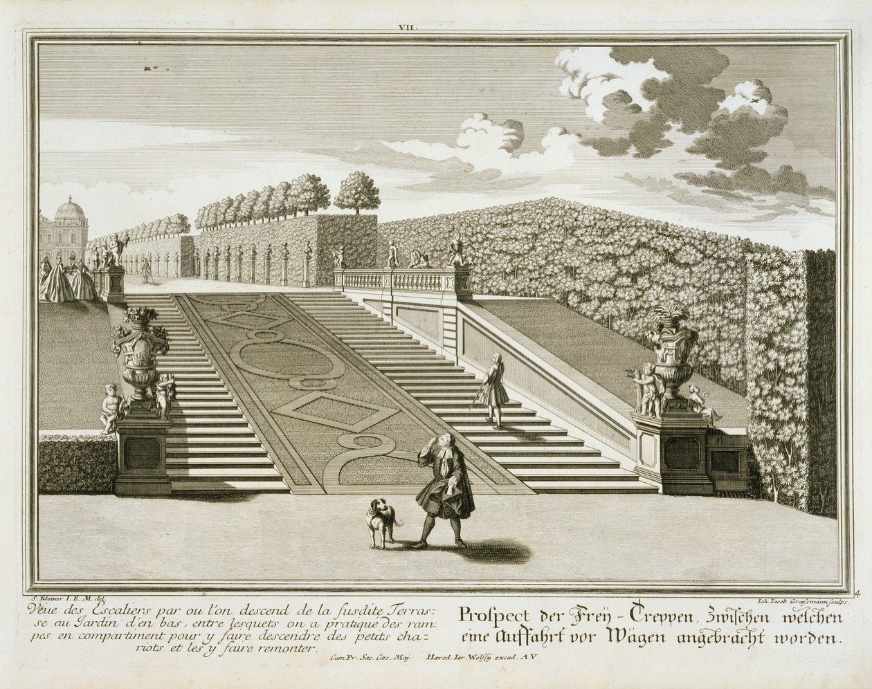 步行至花园露台，Belvedere Palace，维也纳，由Johann Jacob Grossmann雕刻，出版于1730-40 作者 所罗门小人