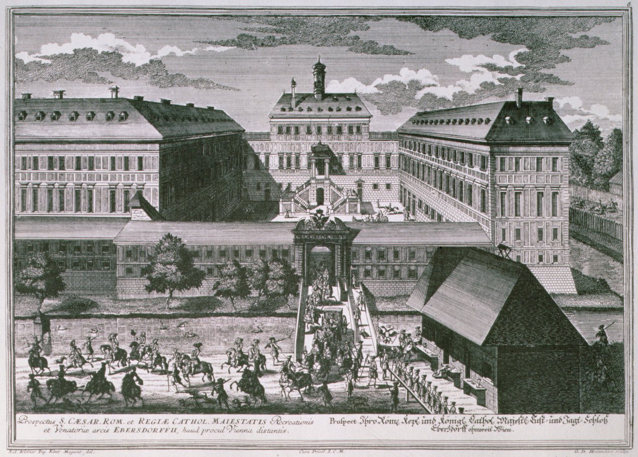 维也纳附近的Schloss Ebersdorff景观由Georg-Daniel Heumann雕刻（1691-1759） 作者 所罗门小一个