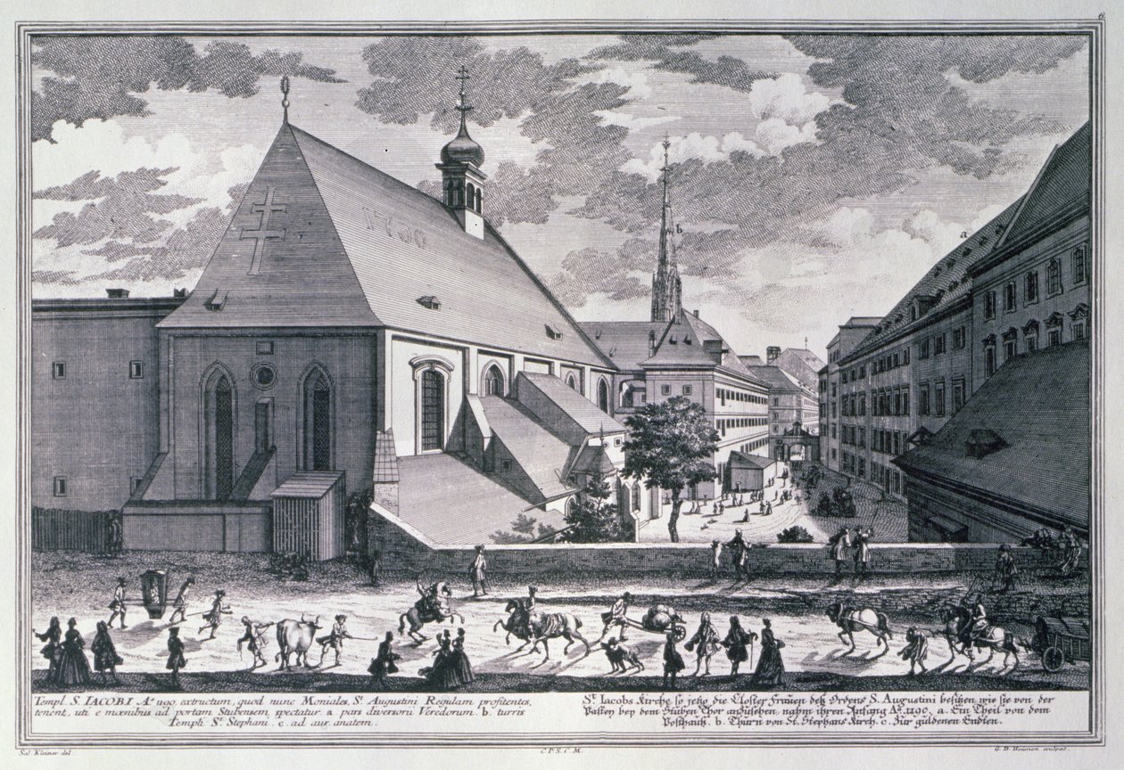 维也纳圣雅各布教堂的视图由Georg-Daniel Heumann雕刻（1691-1759） 作者 所罗门小一个