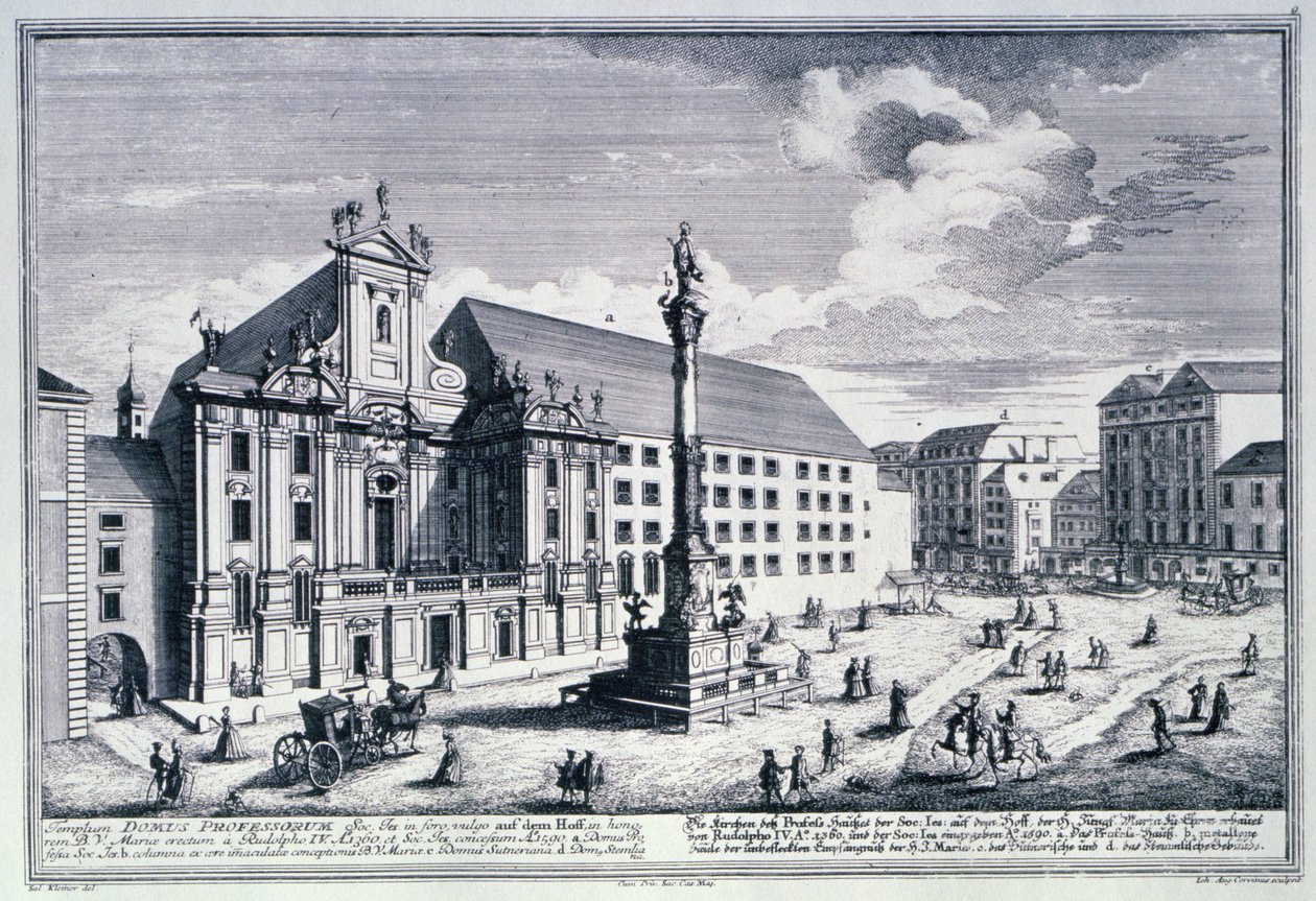 Am Hof广场的视图显示由Johann-August Corvinus雕刻的Mariensaule或圣母柱（1683-1738） 作者 所罗门小一个