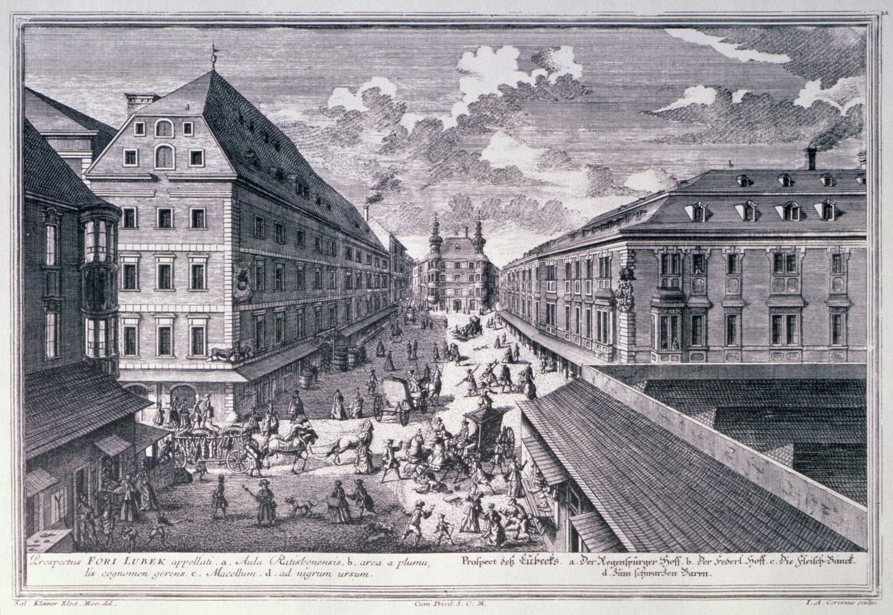 Fori Lubek的视图由Johann-August Corvinus（1683-1738）雕刻而成 作者 所罗门小一个