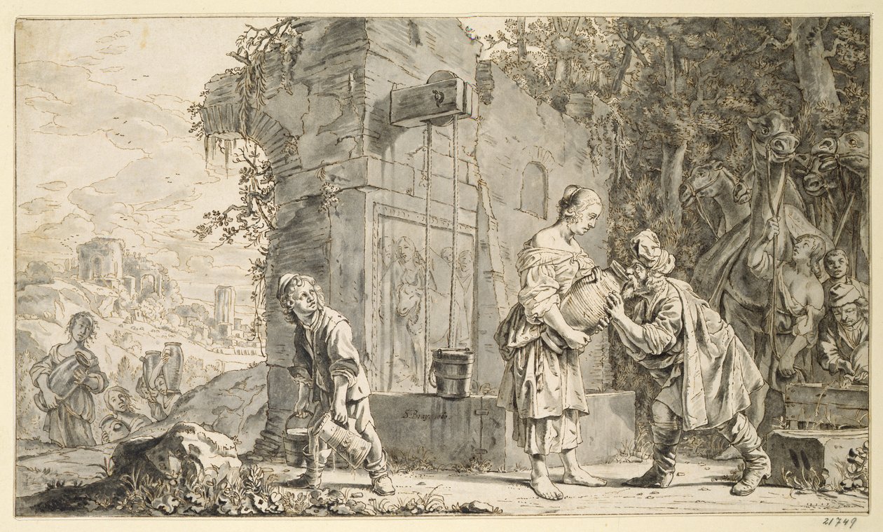 Rebecca和Eliezer，1660年（笔和墨水在纸上洗） 作者 所罗门·德·布雷