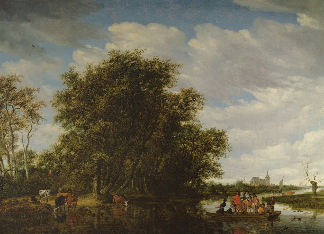 与数字的一条河风景在渡轮 作者 Salomon van Ruisdael或Ruysdael