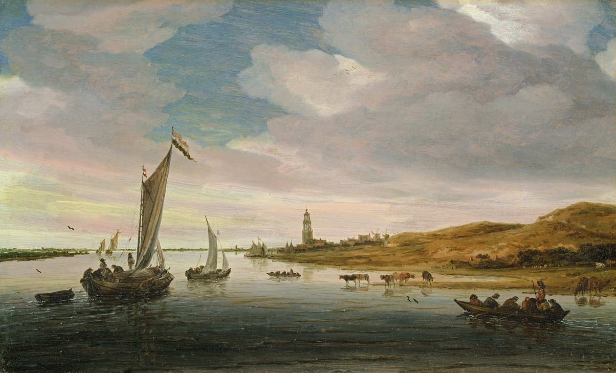 景观与牛浇水 作者 Salomon van Ruisdael或Ruysdael