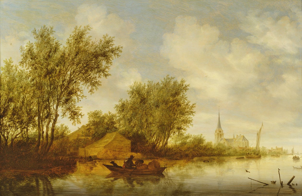与教会的河风景 作者 Salomon van Ruisdael或Ruysdael