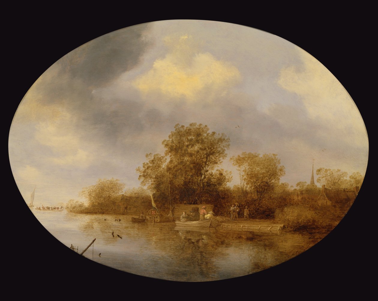 与卸载龙虾罐的人的河风景 作者 Salomon van Ruisdael或Ruysdael