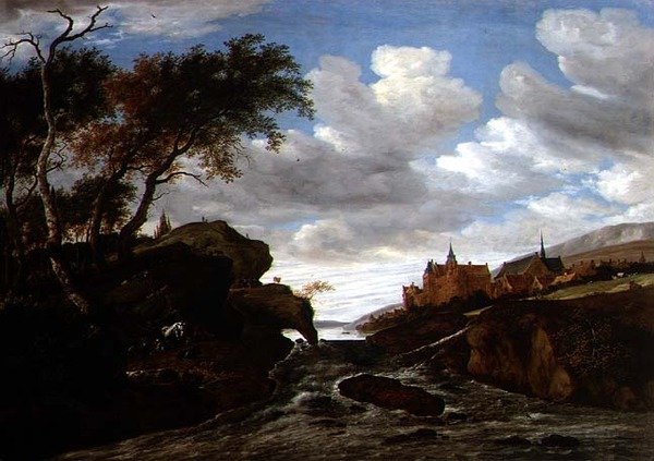 与瀑布的岩石风景，1665 作者 Salomon van Ruisdael或Ruysdael
