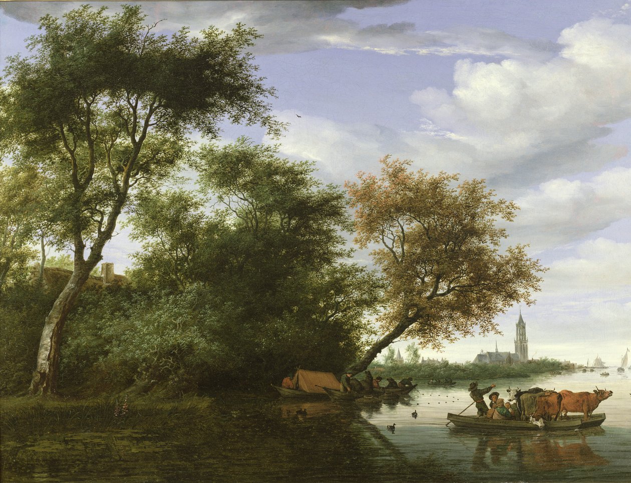 与图和牛的树木繁茂的河风景在渡轮 作者 Salomon van Ruisdael或Ruysdael