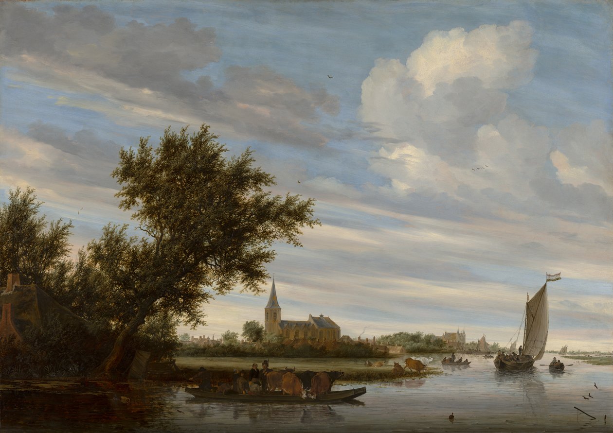 河景与教堂和渡轮 作者 Salomon van Ruisdael或Ruysdael