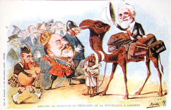 1903年法兰西共和国总统埃米尔-卢贝（1838-1929）抵达伦敦的漫画（彩色平印）。 作者 所罗门·华硕