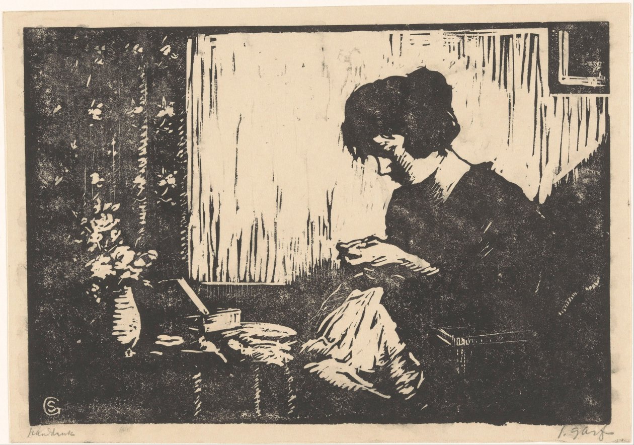 女人缝纫 作者 Salomon Garf（艺术家签名）
