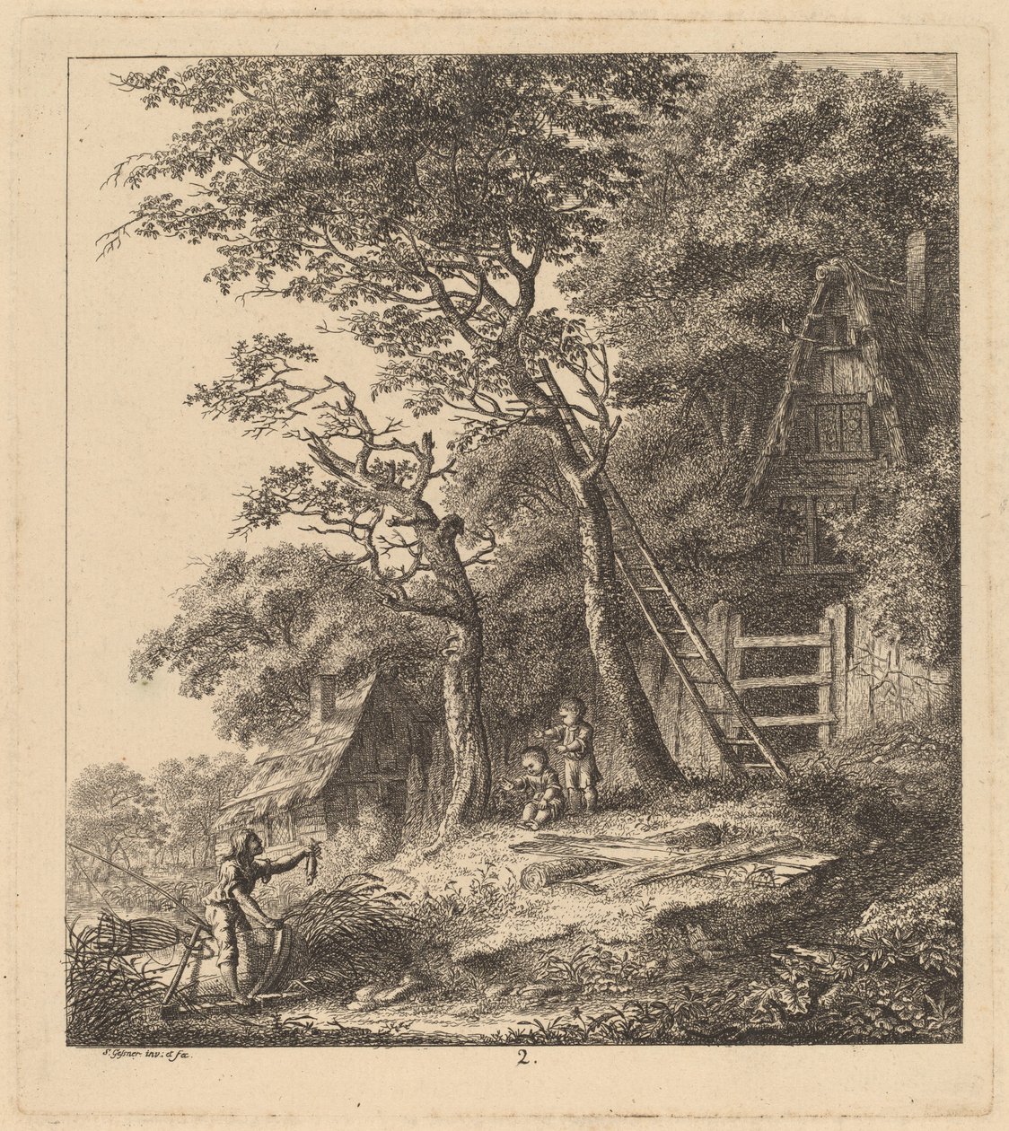 茅草屋风景中的一个渔夫和两个孩子，1764年。 作者 所罗门盖斯纳