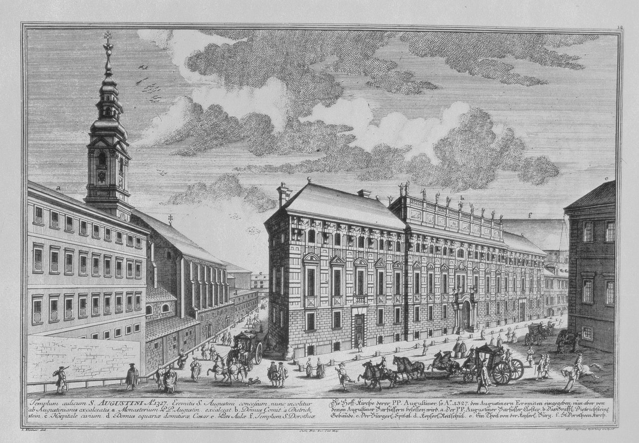 Dorotheergasse的视图显示Stallburg和由Hieronymous Sperling雕刻的Dorotheum修道院教堂（1695-1777） 作者 所罗门小人