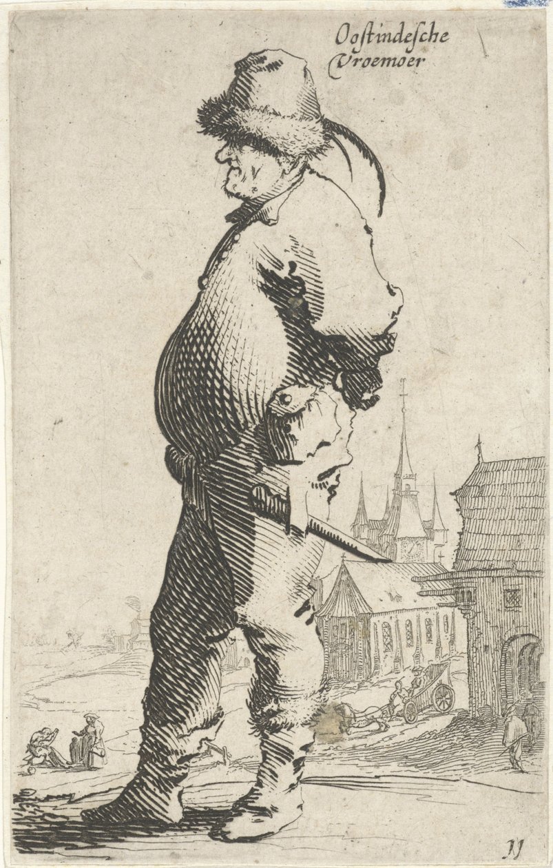 男子侧面，背景为教堂和带画廊的建筑
Oostindesche vroemoer（作品名称）
农民的生活（系列标题） 作者 所罗门萨弗里