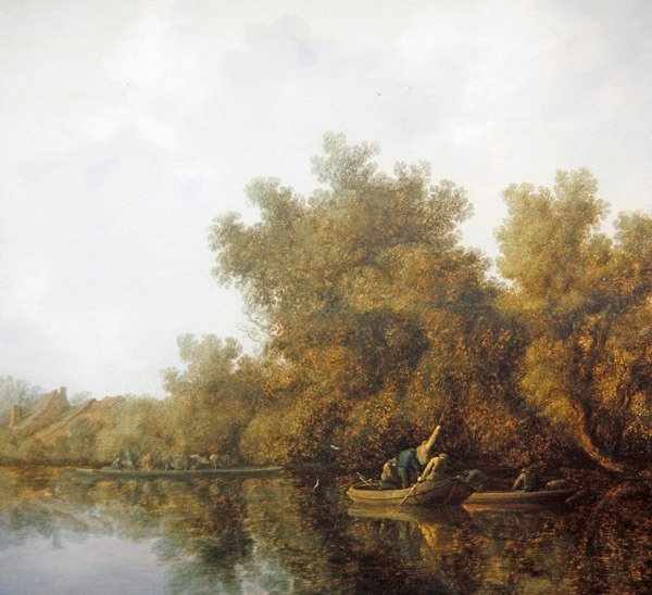 河流风景，渔民在划船中抬起渔获物（油画板）。 作者 Salomon van Ruisdael或Ruysdael