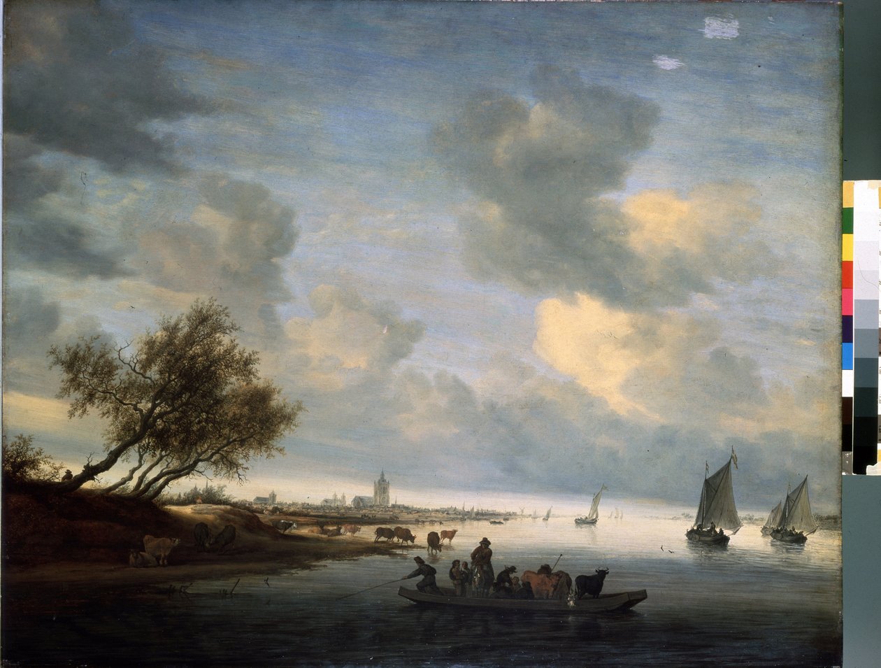 Ferry a Arnhem（阿纳姆渡口）（下西伯利亚地区）。Salomon Jacobsz (Jacob) Van Ruysdael (Ruisdael)（1600 或 1603-1670 年）的画作。木板上的水彩，89 x 116 厘米 作者 Salomon van Ruisdael或Ruysdael