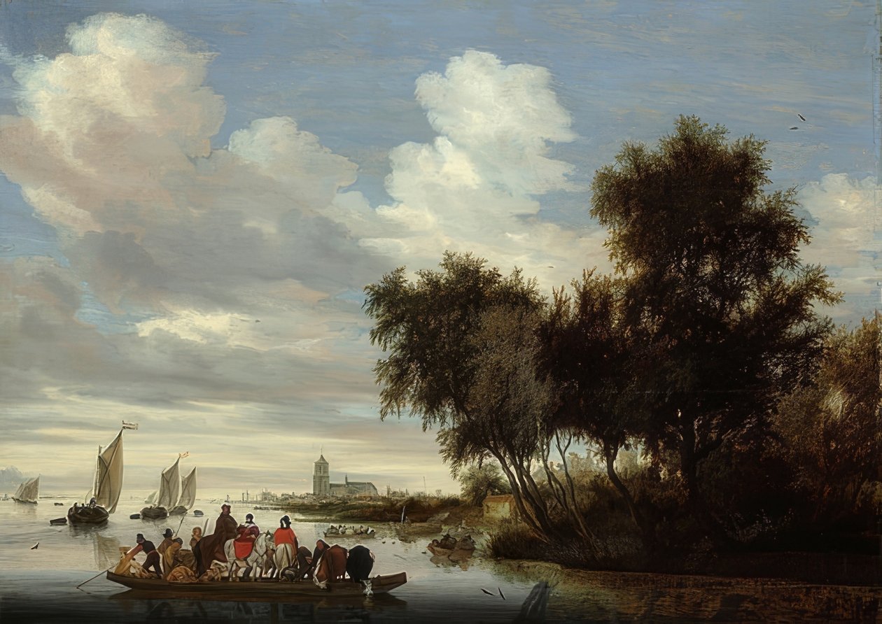 与轮渡的河风景。 1649 作者 Salomon van Ruisdael或Ruysdael