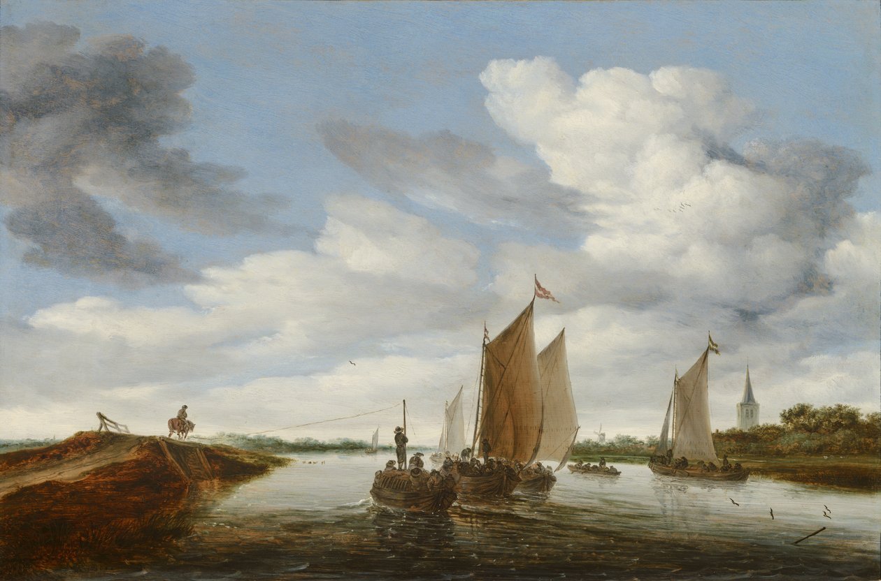 帆船与一艘驳船的河流景观 作者 Salomon van Ruisdael或Ruysdael