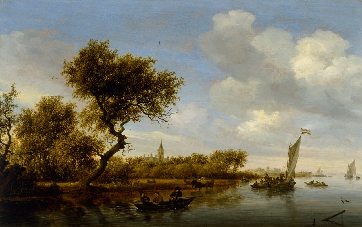河景与远处的教堂，约1655-1660年（木头上的油） 作者 Salomon van Ruisdael或Ruysdael